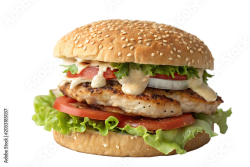 Grilled chicken burger with fresh lettuce tomato and creamy sauce on sesame seed bun transparent background