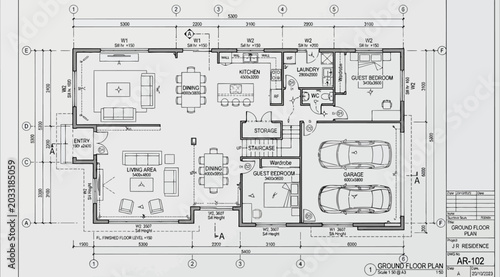 Bild auf Leinwand Architectural floor plan drawing of a residential house with a garage