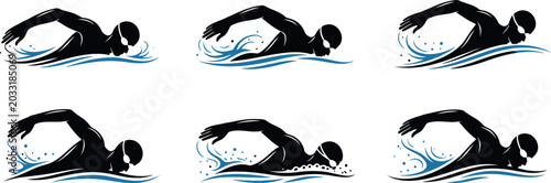 Fotografi Six freestyle swimming silhouettes with water splashes vector illustration isola
