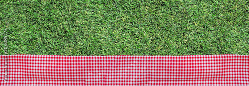 Picnic theme grass background with red and white check cloth bottom border. Top view banner. Copy space.