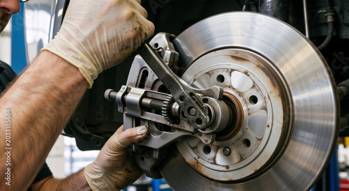Close up of mechanic hands in gloves using piston compressor tool on car brake caliper. Auto repair and vehicle maintenance service