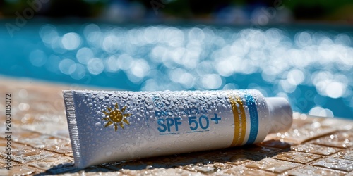 sunscreen product photography, a sharp close-up of a white spf mineral sunscreen tube with water droplets on a poolside, with a blurred pool in the background
