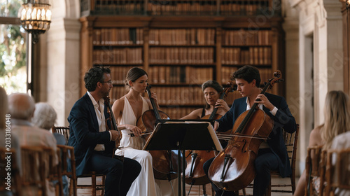 Group of adult string musicians performs classical music in a historic library with leather bookshelves and seated audience.