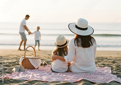 A happy family enjoying a picnic and playing on the beach during golden hour with warm sunset light