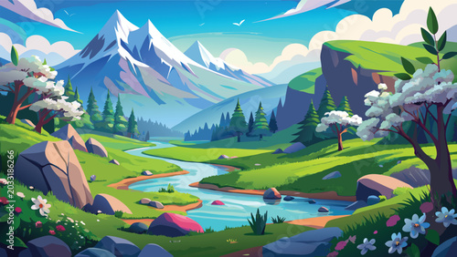 Bild auf Leinwand Beautiful landscape illustration with a winding river flowing through green moun