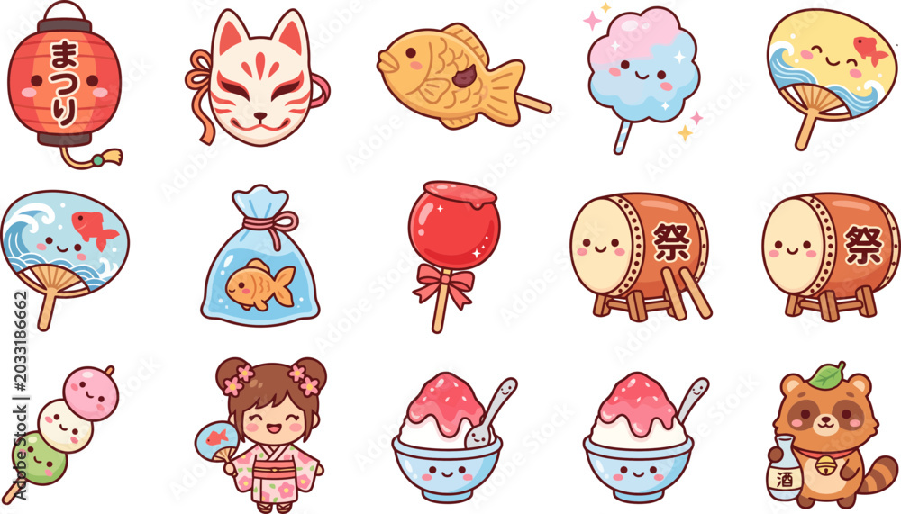 Obraz premium Cute set of vector illustrations featuring traditional japanese festival elements like snacks masks and characters in a playful artistic style