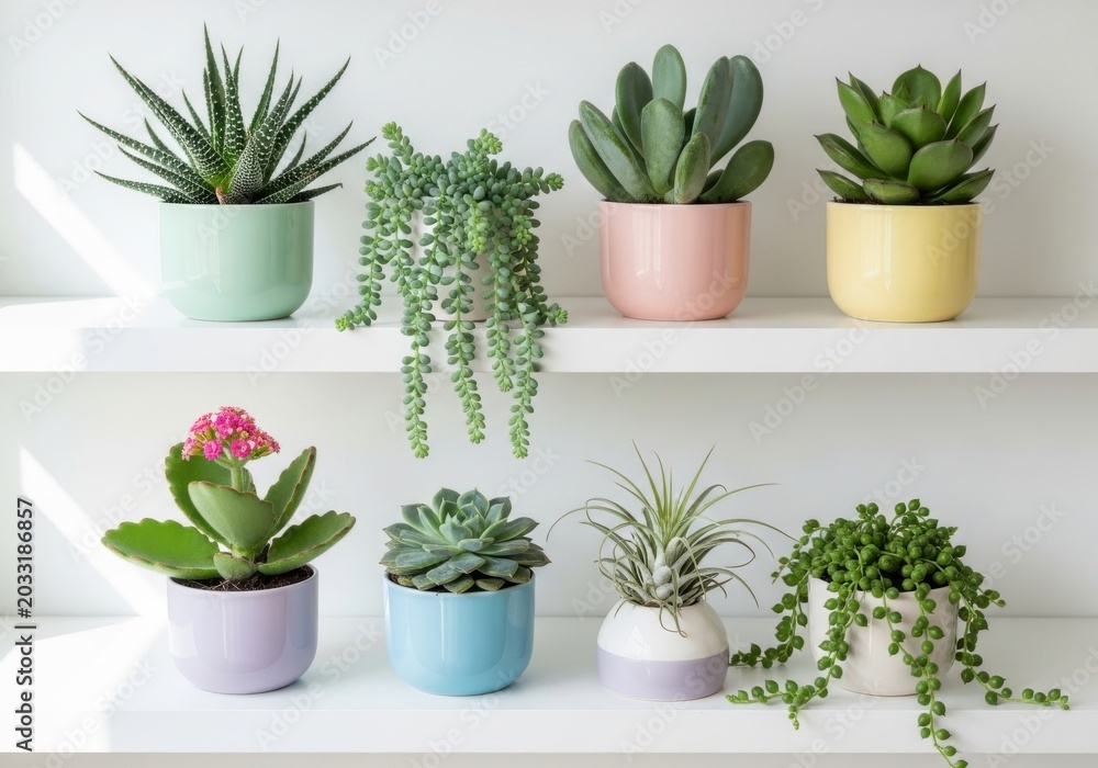Fototapeta premium Collection of potted succulents and indoor plants on shelves isolated on white background