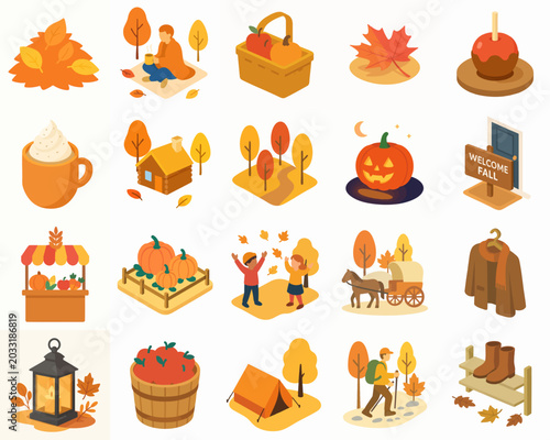 Set of Autumn Harvest Icons in Isometric Flat Style for Seasonal Celebrations