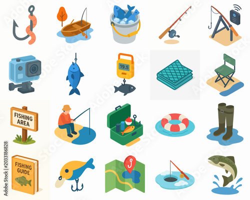 Tableau sur toile Isometric Collection of Fishing Equipment and Elements for Leisure Activities
