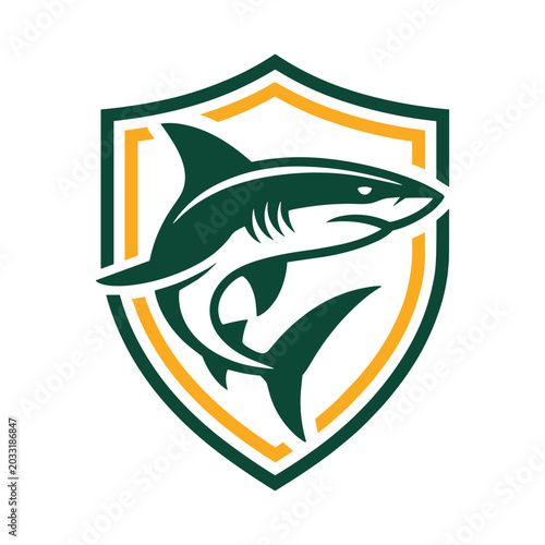 Shark mascot logo design inside a shield emblem