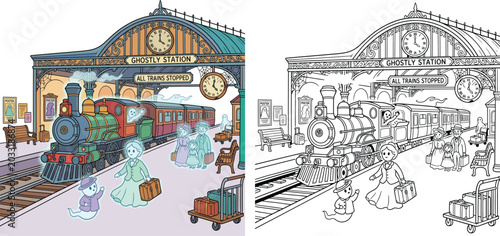 Foto Ghostly Train Station with Vintage Steam Engine and Ghost Passengers Colored and