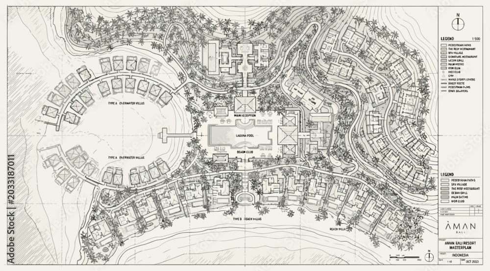 Fototapeta premium Architectural master plan of a luxury resort featuring villa layouts, central pool, and lush landscaping