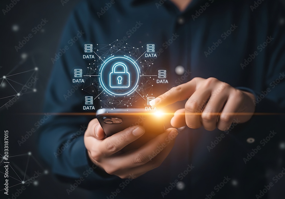 Fototapeta premium A professional securing cloud data on a smartphone in a dark office with glowing blue digital icons