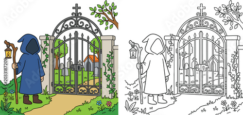 Tableau sur toile Spooky Hooded Figure at Cemetery Gate with Lantern Colorful Cartoon and Black an