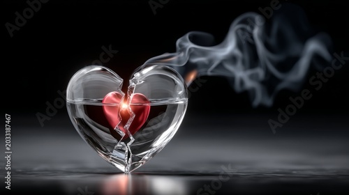 Heart in pieces holds a glowing essence with smoke rising from the center