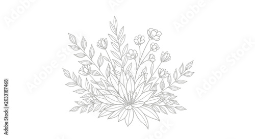 Black and white floral vector illustration of flowers, leaves and branches in vintage sketch style pattern