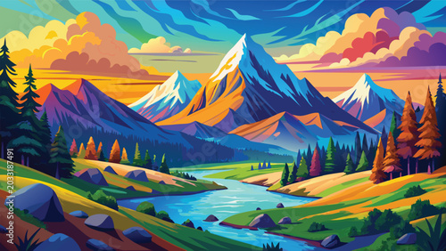Fotografi Colorful landscape painting of snow capped mountain peaks with a flowing river a