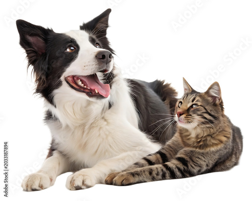Happy black and white border collie dog lying next to relaxed striped tabby cat transparent background