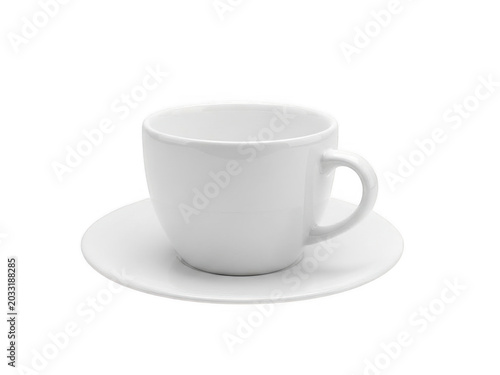 White coffee cup and saucer on white background