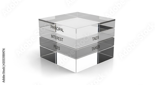 Glass cube with mortgage payment components and words