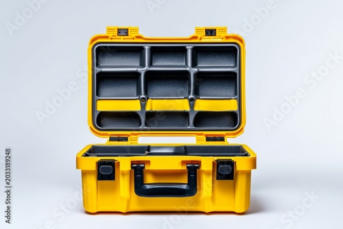 Compact yellow toolbox with handle open isolated on white background