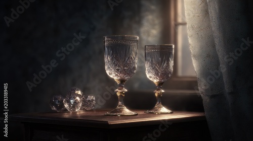 Elegant Crystal Glasses and Decorative Diamonds on Wooden Surface in Classic Interior