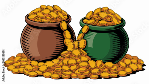 Bild auf Leinwand Two ceramic pots overflowing with gold coins vector illustration earthenware tre