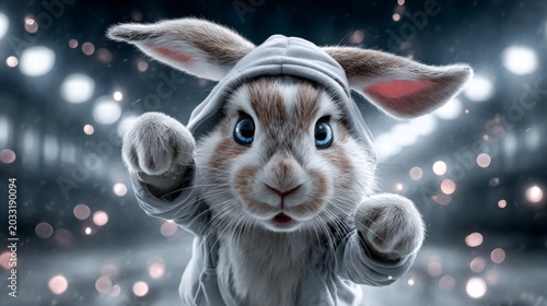 Hare dressed in hoodie poses with playful expression in a dynamic setting