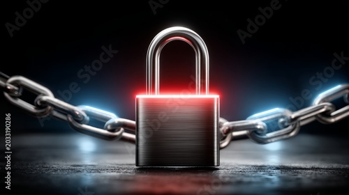 Secure padlock with glowing effects on a chain in a dark setting