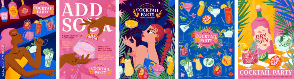 Obraz premium Cocktail party. Vector illustration of a summer bar, a menu of popular tropical alcoholic drinks, hands with a glass, and stylish women for a poster, invitation, nightlife design, background, flyer or