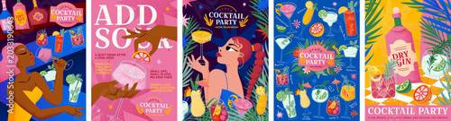 Cocktail party. Vector illustration of a summer bar, a menu of popular tropical alcoholic drinks, hands with a glass, and stylish women for a poster, invitation, nightlife design, background, flyer or