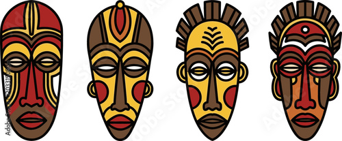 Bild auf Leinwand African Tribal Mask Vector Set with Colorful Traditional Ritual Wooden Masks for