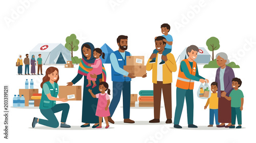 Fotografie Diverse Group of Volunteers Helping Refugees and Families with Aid