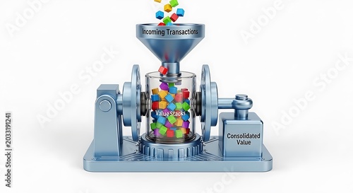 Industrial machine processing colorful transaction data blocks