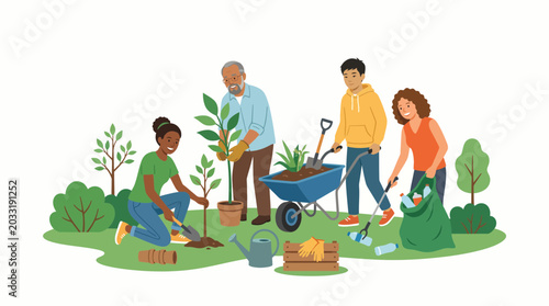 Diverse group of volunteers working together in a community garden.
