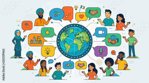 Diverse group of people communicating globally around a world map illustration.