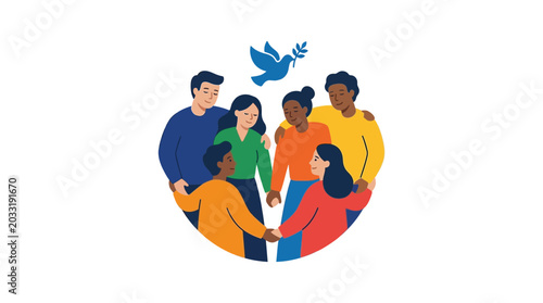 Foto Diverse group of people standing in a circle holding hands with a dove of peace