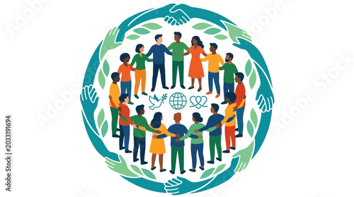 Konstfotografi Diverse group of people standing in a circle with interconnected hands