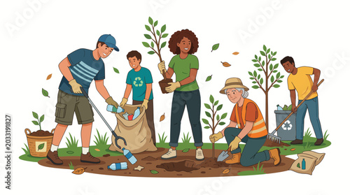Photos Diverse group of volunteers cleaning up park and planting trees.