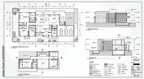 Fotografie Architectural house plans with floor layouts and building sections