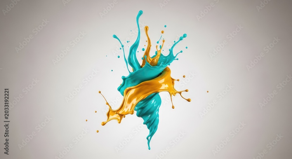 Obraz premium Dinamica esplosione astratta di fluidi color turchese vibrante e oro brillante con gocce sospese e vortici eleganti su fondo neutro, aqua, energy, creative