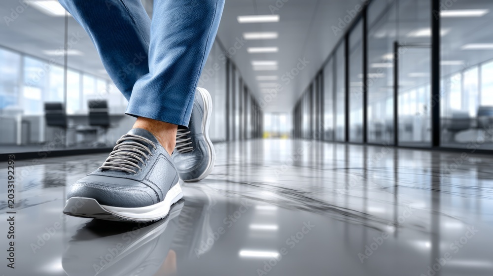 Obraz premium Professional walking in modern office space with stylish footwear and polished floor