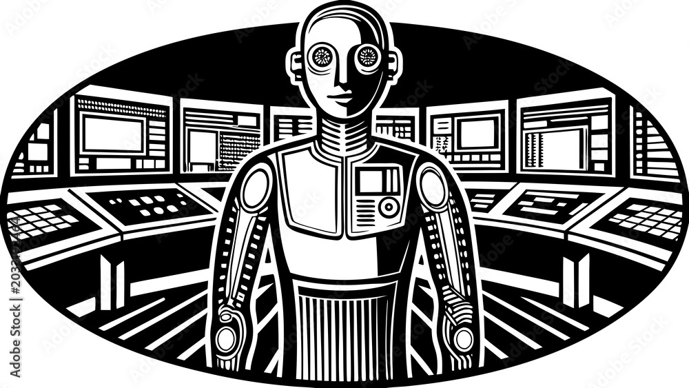 Naklejka premium Robot in control room with multiple computer screens computer technology futuristic character mechanical automaton androids synthetics impostors simulants artificial construction creation
