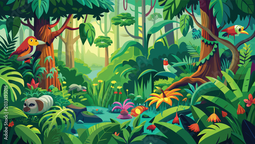 Canvas Print Colorful tropical jungle landscape with exotic birds and lush green plants in th