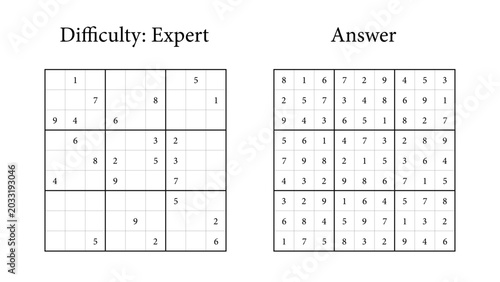 Fotografía ** expert sudoku puzzle with completed solution and difficulty level