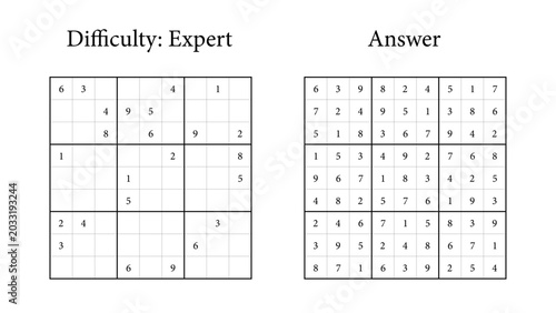 Schilderij op canvas Sudoku puzzle with expert difficulty and completed solution grid
