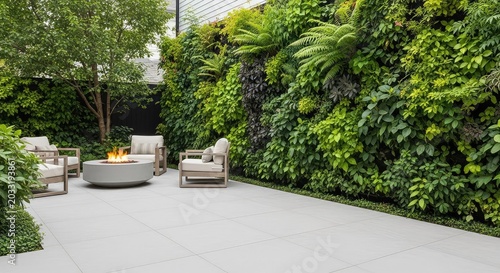A contemporary backyard space showcasing a smooth stone patio, a minimalist fire pit, and a lush vertical garden wall with vibrant greenery, concrete, steel, warmth