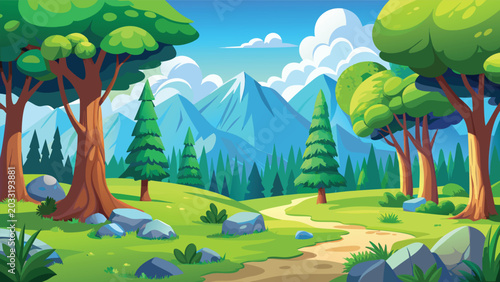 Cartoon nature landscape with green trees mountains and a dirt path under a blue sunny sky Vector