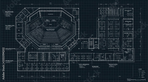 Tableau sur toile Architectural blueprint of a convention center floor plan with a large auditoriu
