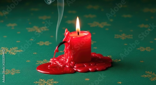 A lit red Christmas candle burns dangerously low with smoke and melted wax dripping onto a festive tablecloth, illustrating holiday fire hazards, emergency, heat, festive